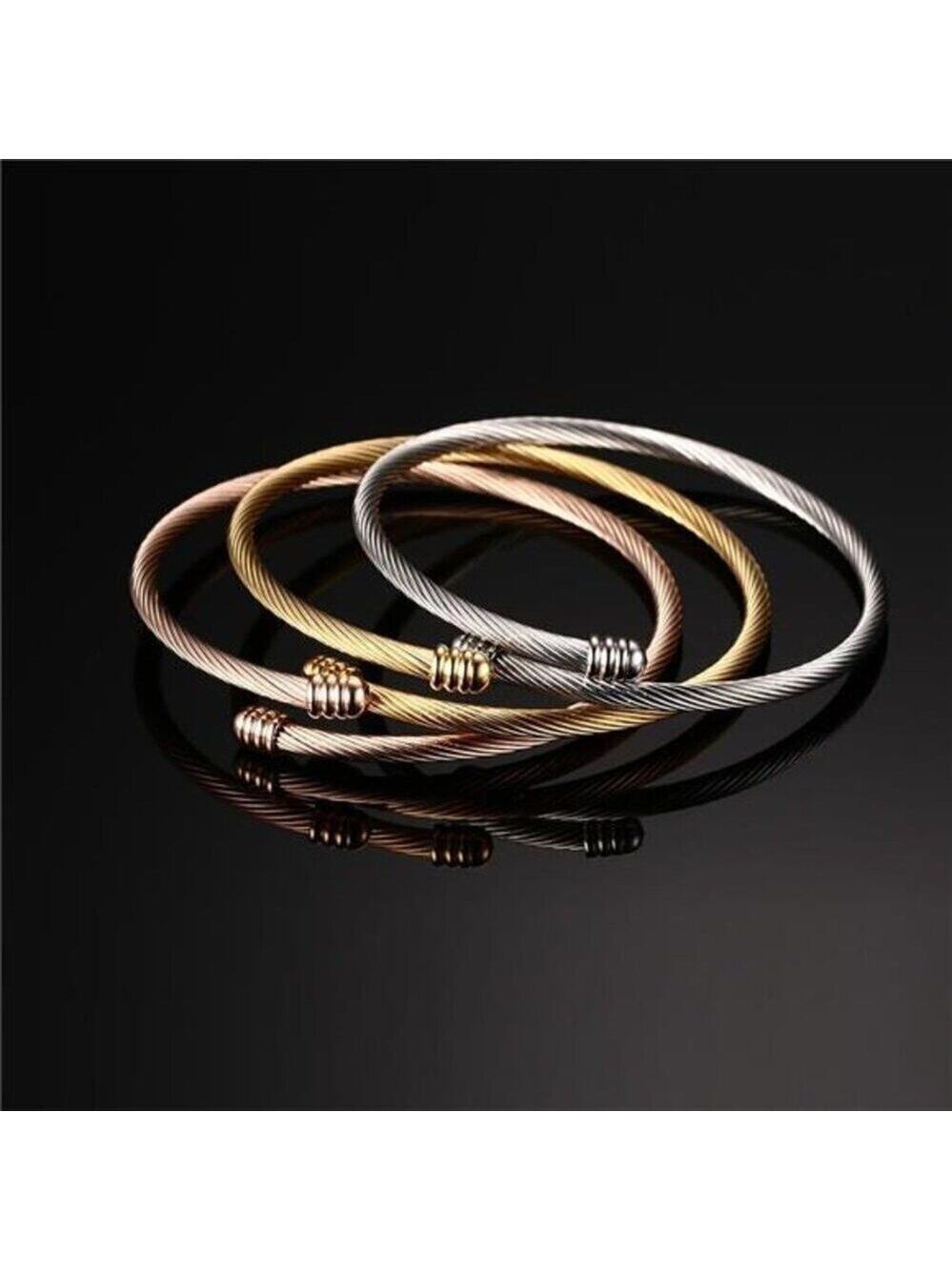 Stainless Steel Triple Cable Cuff – 3 Stackable Twisted Wire Bangles